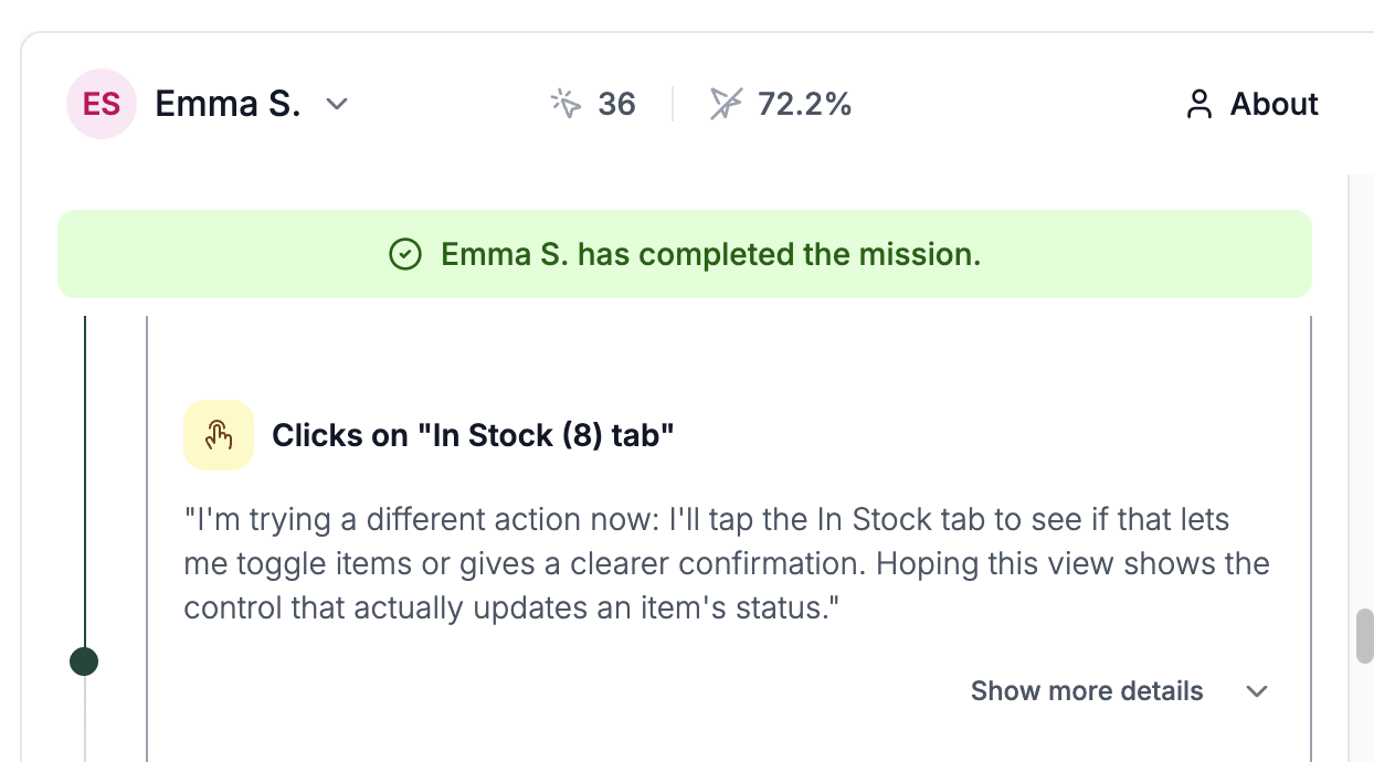 Emma S., taps the In Stock tab hoping for a control to toggle